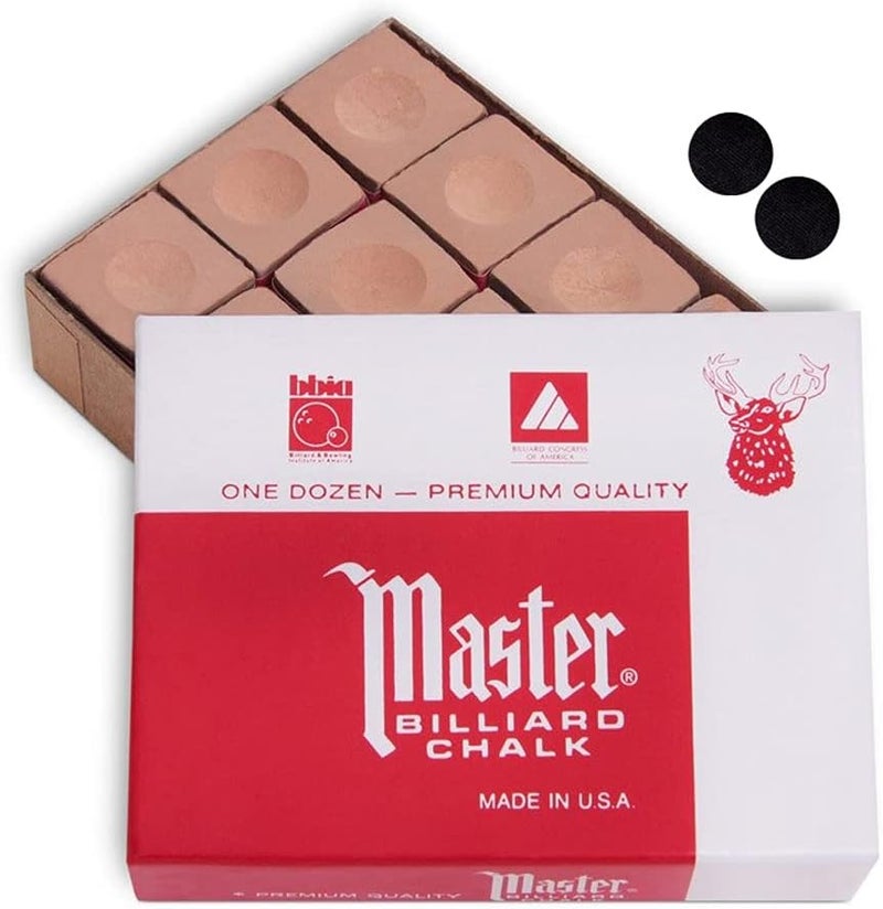 Master Chalk Master Billiard Pool Cue Chalk Premium Quality - 1 Dozen - Made in The USA + 2 pcs of Quality Billiard Pool Table Spots by Tweeten Fibre Co. - Image 1